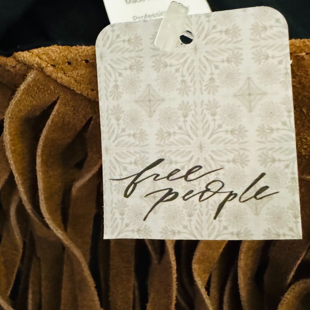 Free People Western Fringe Leather Shawl NWT OS | Tan Suede Fringe Wrap Boho - Picture 8 of 12